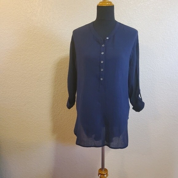 Three Dots Henley Semi Sheer Gauze Tunic Top M Navy Blue New - Picture 3 of 16